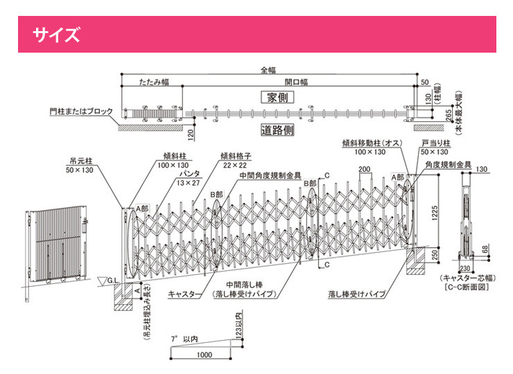 絶妙なデザイン 四国化成 ニューハピネスHG 傾斜地タイプ 片開き 135S H12 カーゲート 伸縮門扉