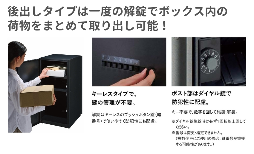 後ろ出しタイプは一度の解錠でまとめて取り出し可能