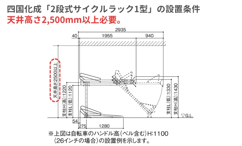 四国化成の2段式サイクルラックは天井高2,500mm以上必要
