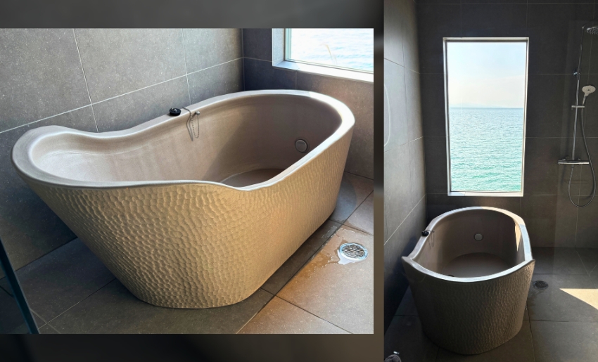 淡路島のヴィラS.EAVES（エスイーブス）に採用された信楽焼浴槽は浴槽が空間の主役になっている