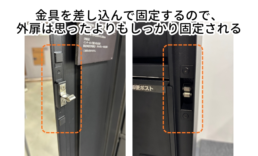YKKAPオルフェス展示写真 金具を差し込んで固定するので、外扉は思ったよりもしっかり固定される