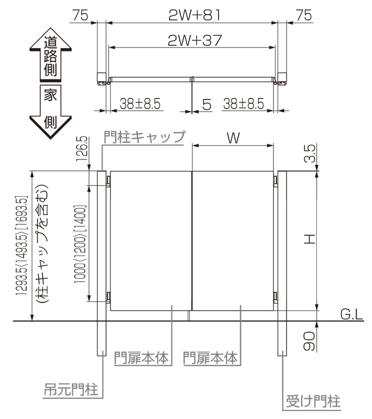 LIXIL 開き門扉AA MM1型（メタル調）親子仕様 サイズ