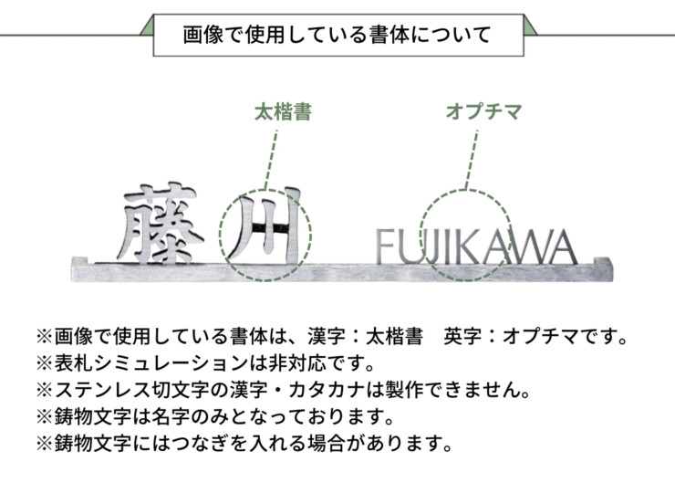 美濃クラフト ステンレス切文字表札 バールミ ストレートロングタイプ BAL-11 画像で使用している書体について
