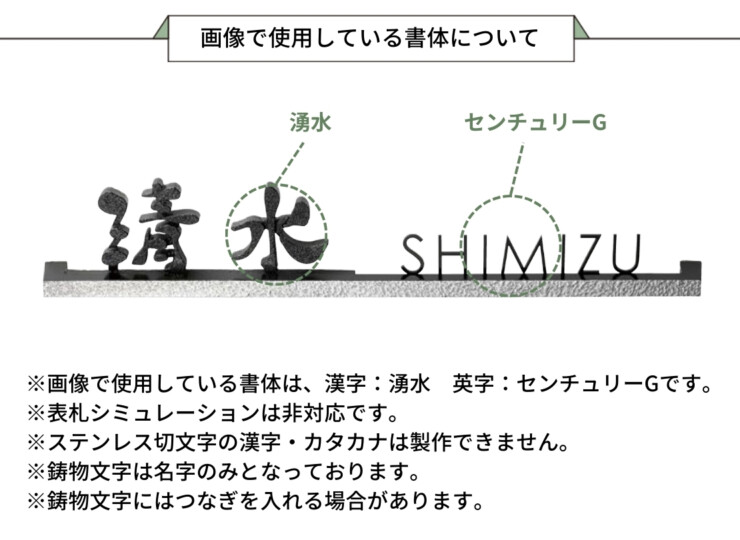 美濃クラフト ステンレス切文字表札 バールミ ストレートロングタイプ BAL-12 画像で使用している書体について