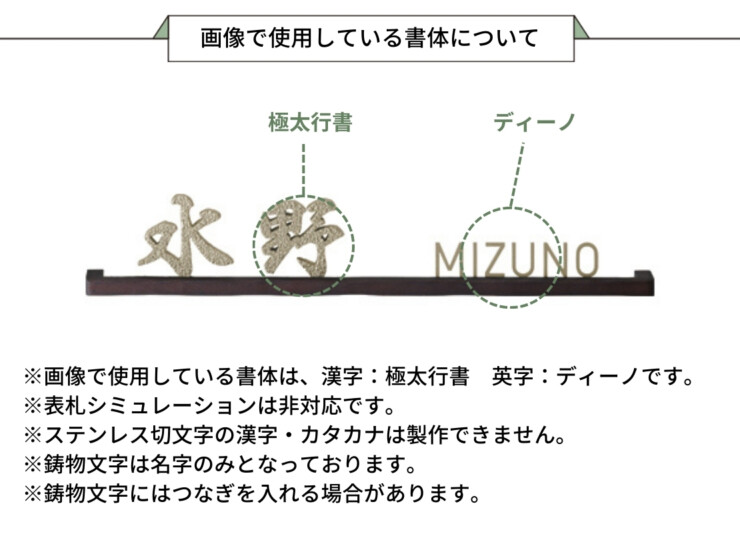 美濃クラフト ステンレス切文字表札 バールミ ストレートロングタイプ BAL-13 画像で使用している書体について