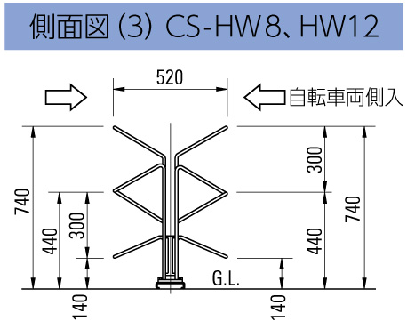 サイクルスタンドCS-H 側面図 CS-HW8・12