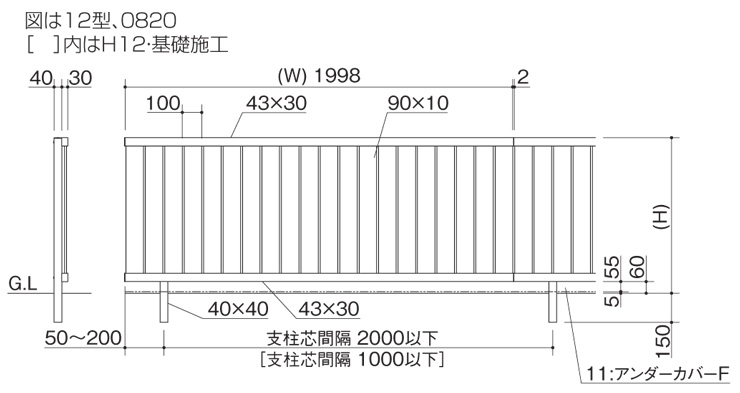 四国化成建材 アルミ形材フェンス クレディフェンスSG12型 据付図