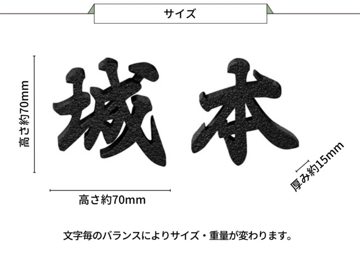 美濃クラフト アルミ鋳物表札 鋳物文字 漢字タイプ CW-101 サイズ