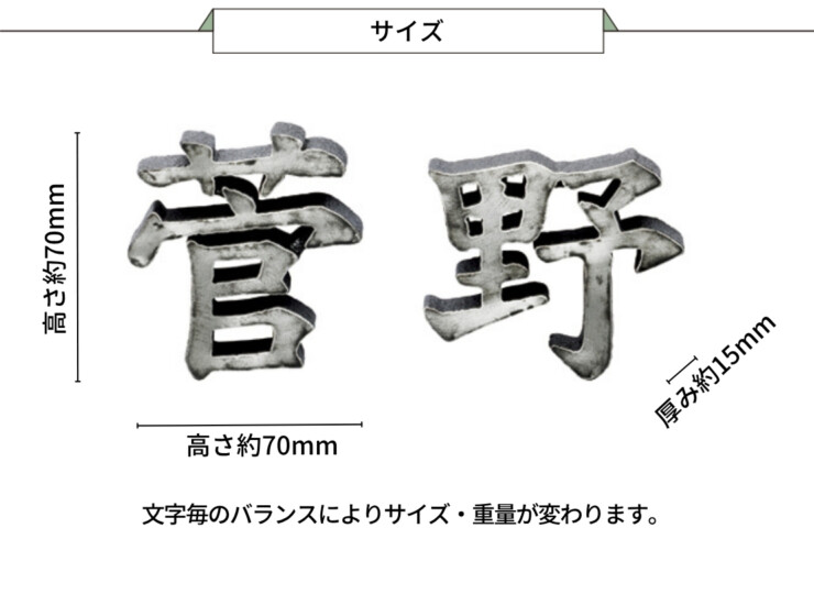 美濃クラフト アルミ鋳物表札 鋳物文字 漢字タイプ CW-102 サイズ