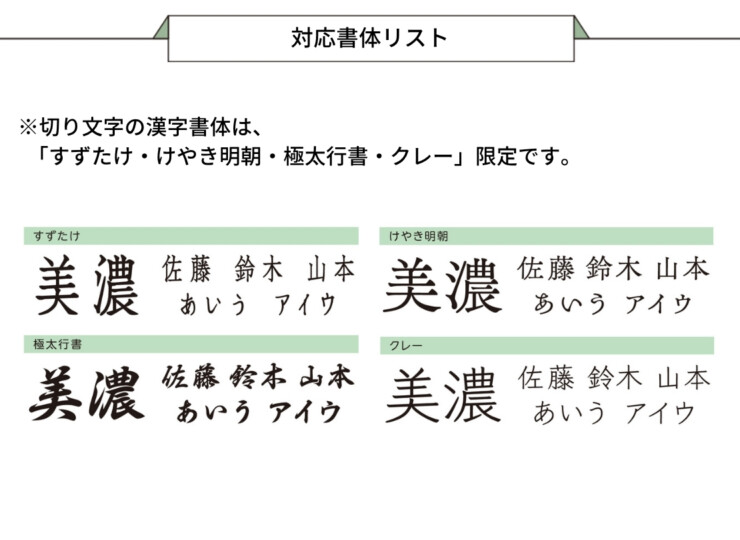 美濃クラフト 小さな表札 小さなステディ EAS-1 漢字書体リスト