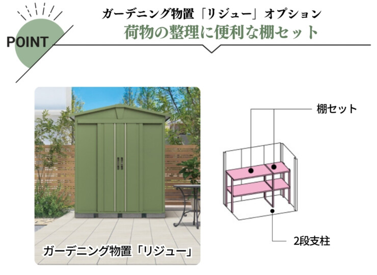 田窪工業所 三角屋根仕様ガーデニング物置リジュー専用オプション 背面別売棚セット（2段支柱付）特徴