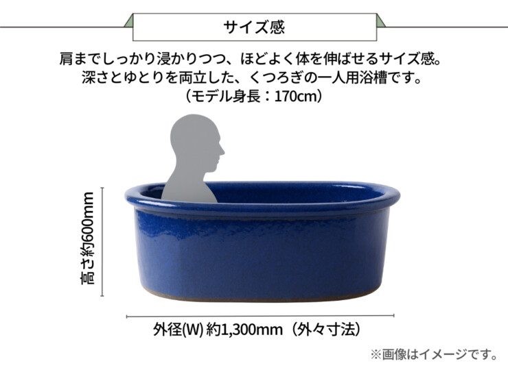 陶里 信楽焼浴槽 ハネノバス 小判型 1人用 ゆったりタイプ F-OV-1300 サイズ感