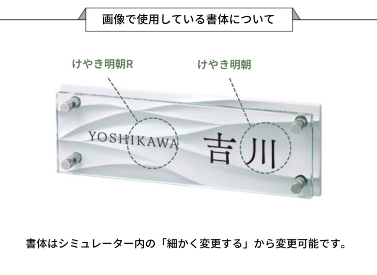 美濃クラフト ガラス表札 フラットガラス 300×100 アルミ鋳物半ツヤ白色塗装 GP-125 画像で使用している書体について