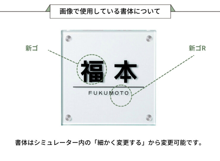 美濃クラフト ガラス表札 フラットガラス 200角 GP-46 画像で使用している書体について