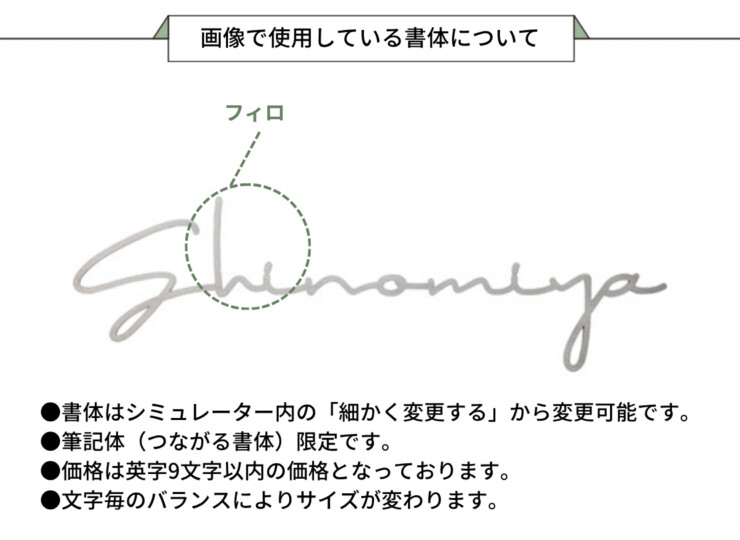 美濃クラフト チタン表札 チタン切文字 筆記体タイプ JTX-6 画像で使用している書体について
