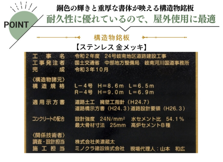 美濃クラフト 館銘板/商業看板 公共サイン 構造物銘板 ステンレス金メッキ K-SS-01 特徴