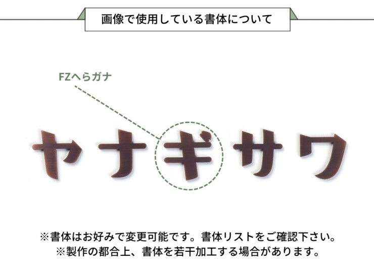 丸三タカギ KATAKANA（カタカナ）KAT1-B2 切文字タイプ、5文字 赤銅ブロンズB B2 画像で使用している書体について