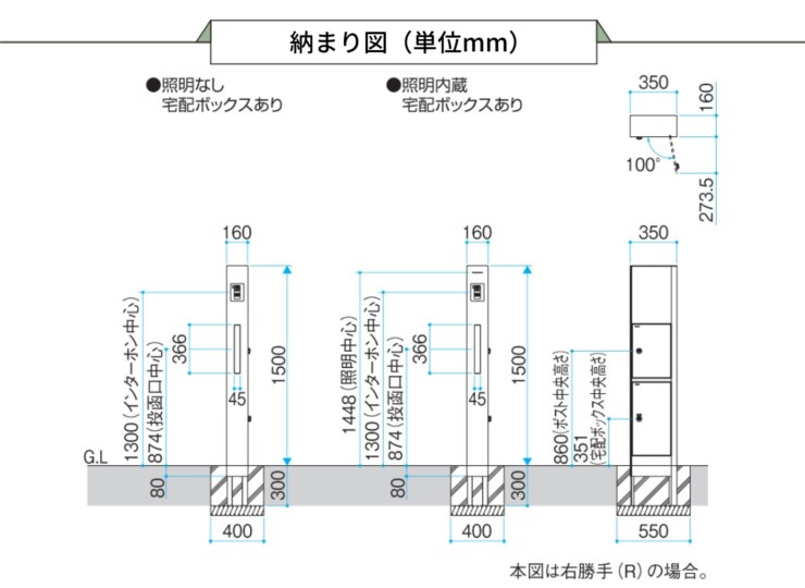 三協アルミ 機能ポール フレムス Modea（モデア）KPMB・KPMP 収まり図 宅配ボックスあり