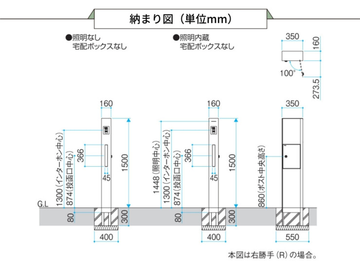 三協アルミ 機能ポール フレムス Modea（モデア）KPMB・KPMP 収まり図 宅配ボックスなし