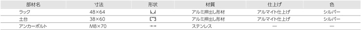 アルミ製サイクルラック KS-AH 主要部材表