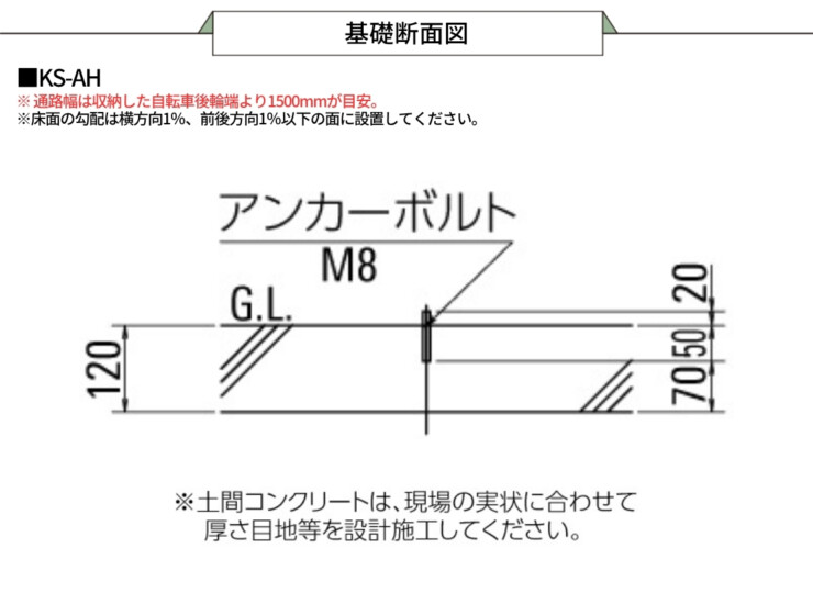 ダイケン サイクルスタンド KS-AH 基礎断面図