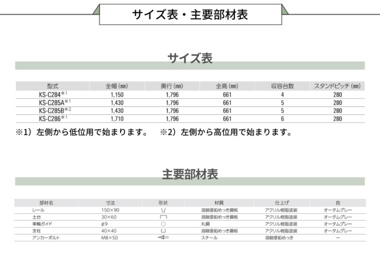 ダイケン サイクルスタンド KS-C サイズ表・主要部材表