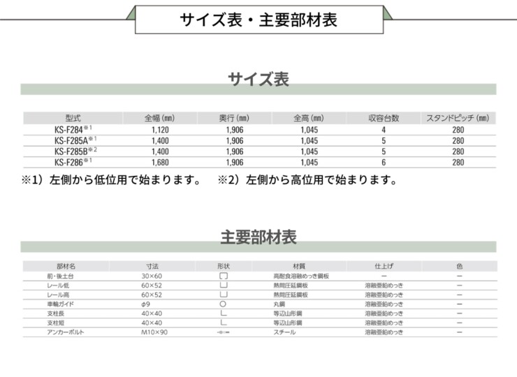 ダイケン サイクルスタンドKS-F サイズ表・主要部材表