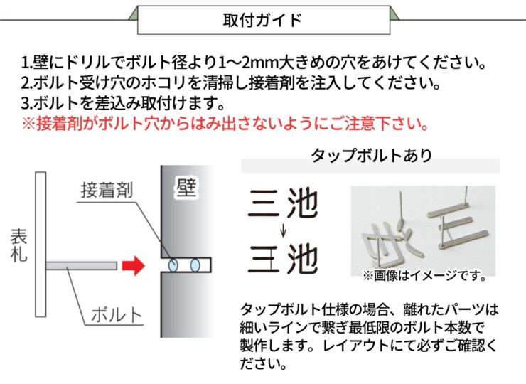 福彫 タイニーサイン ボルト取付けタイプ（欧文）ステンレス切文字 取り付けガイド