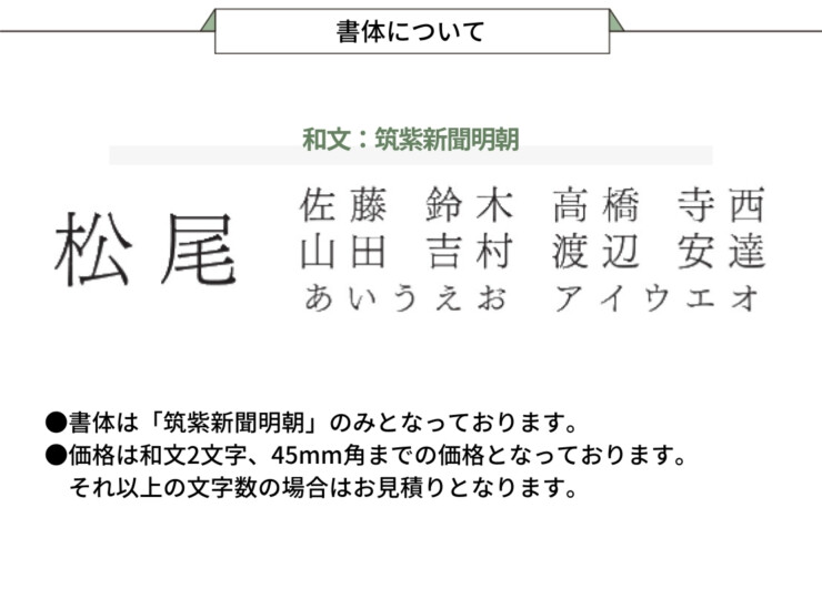 福彫 タイニーサイン ボルト取付けタイプ（和文）ステンレス切文字 KT-119 書体について