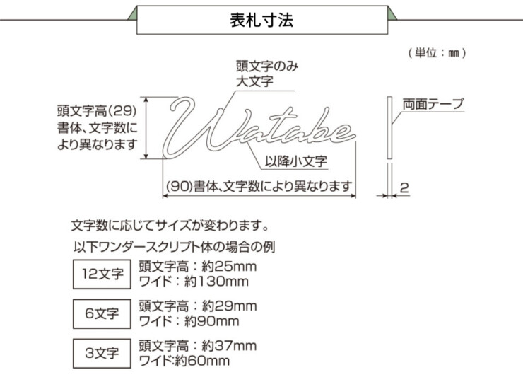 YKKAP 筆記体切文字表札S（オルフェス ポストユニット用）表札寸法
