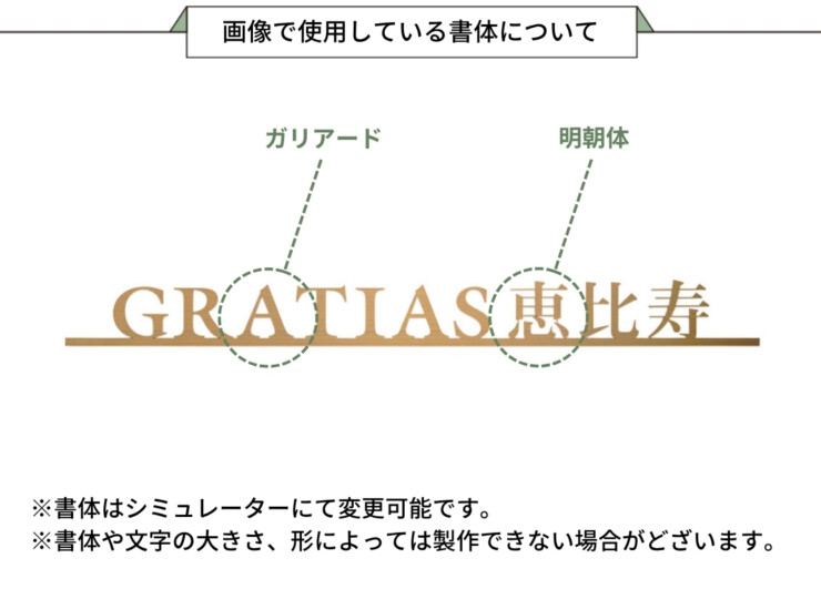 福彫 館銘板・商業サイン 切文字・箱文字 KZ-72 ステンレスチタンゴールド切文字館銘板 画像で使用している書体について