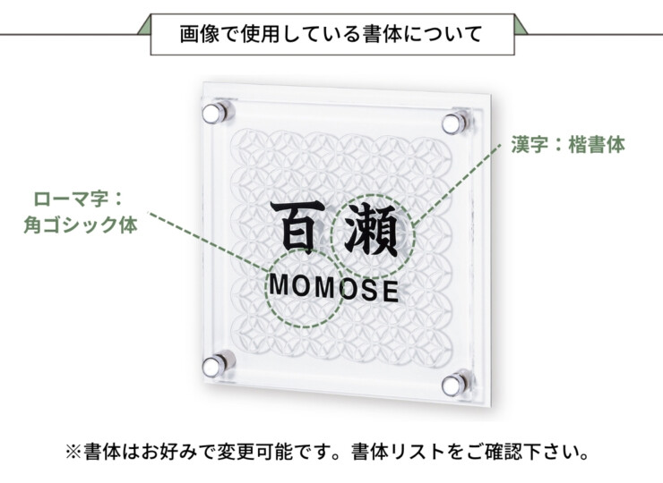 丸三タカギ 風水表札premium アクリルタイプ NFA-J-22 画像で使用している書体について