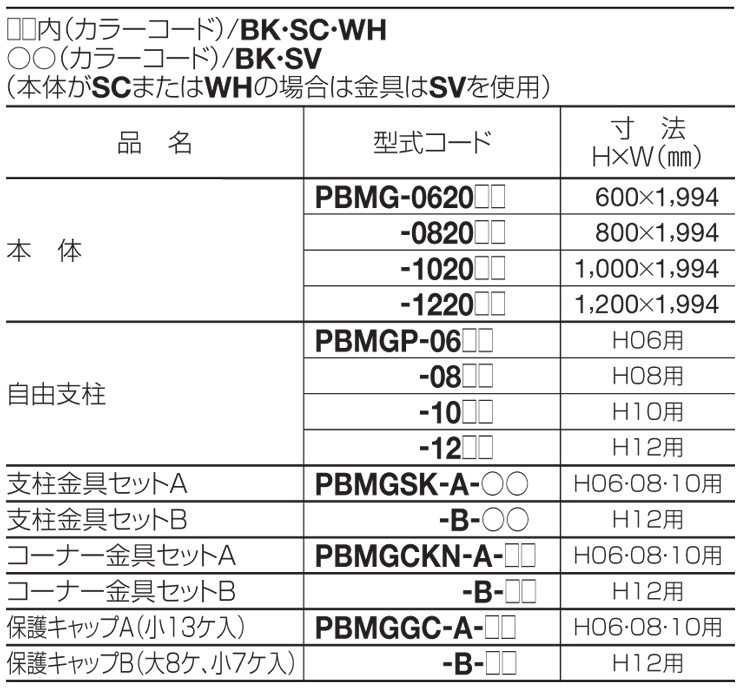 四国化成建材 メッシュフェンスG型 自由支柱タイプ 規格表