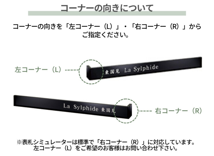 美濃クラフト 館銘板/商業看板 ステンレスサイン 埋込タイプ 埋込ボックスコーナータイプ S-WAL-02 コーナーの向きについて