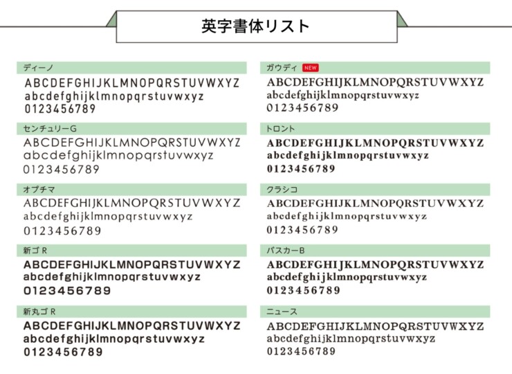 美濃クラフト ステンレス表札 スフィーダ SF-11 英字書体リスト