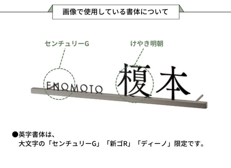美濃クラフト ステンレス切文字表札 Slif（スリフ）ストレートタイプ 漢字&英字 SLF-12 画像で使用している書体について