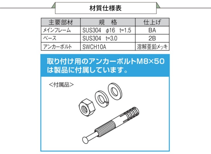 三協アルミ 前輪式（単体）サイクルラック SS-2型 材質仕様表