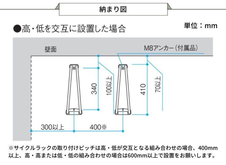 三協アルミ 前輪式（単体）サイクルラック SS-2型 収まり図 高・低を交互に世知tした場合