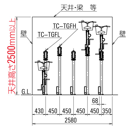 2段式静音不着式自転車ラック TC-TGF 正面図