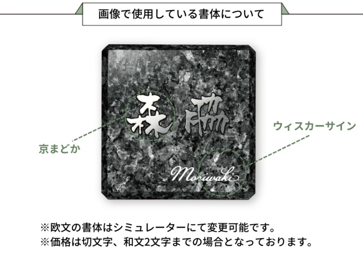 福彫 チタン表札 ヤサカ ブルーパール＆チタン切文字 TIK-217 画像で使用している書体について