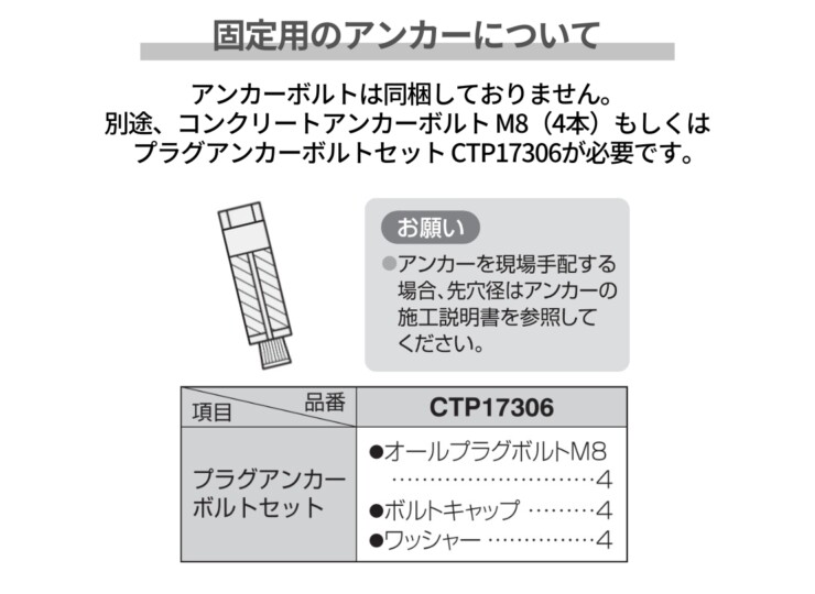 パナソニック 宅配ボックス施工用部材 コンボマルチ/宅配ボックス対応 据え置き施工用ベースTSB-1型 アンカーについて