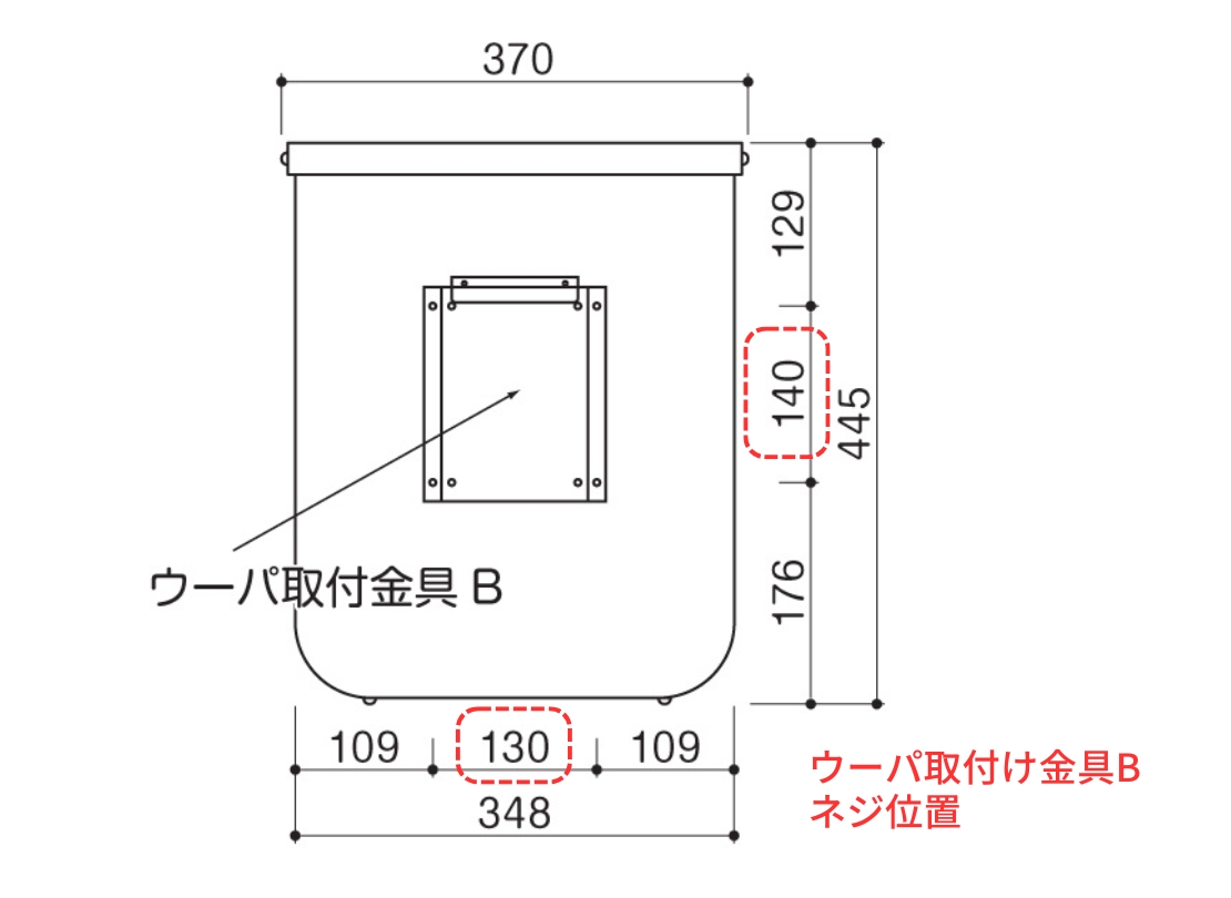 美濃クラフト 壁掛けポスト ウーパ 取り付け金具Bビス穴位置
