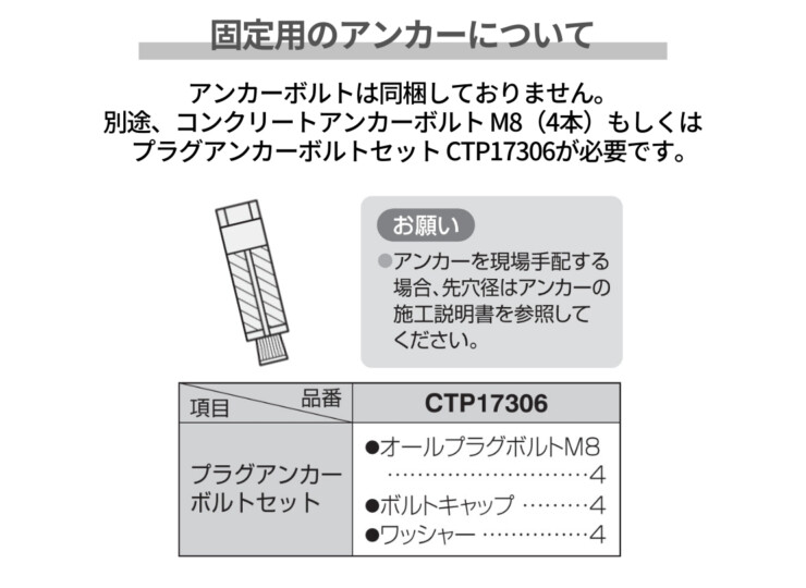 パナソニック 宅配ボックス施工用部材 コンボマルチ/宅配ボックス対応 あと施工用ポール TSA-1型 XCTN8671B/XCTN8671CS 固定用アンカーについて