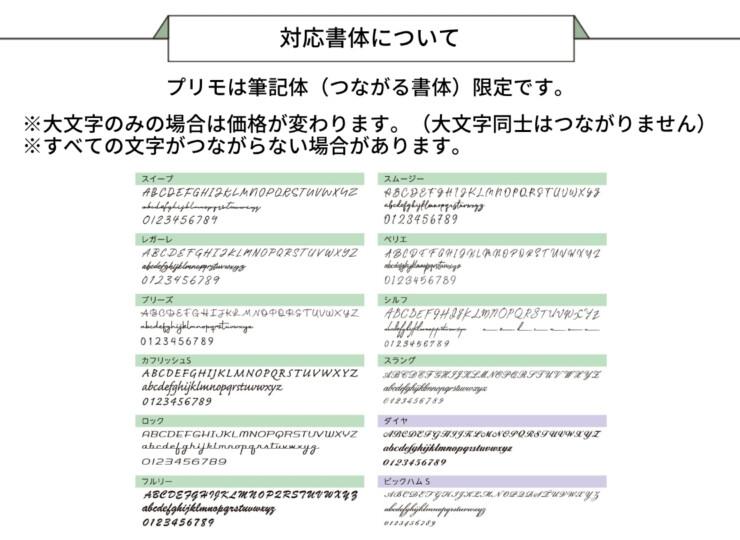 美濃クラフト ステンレス切文字表札 Primo（プリモ）筆記体タイプ 対応書体について