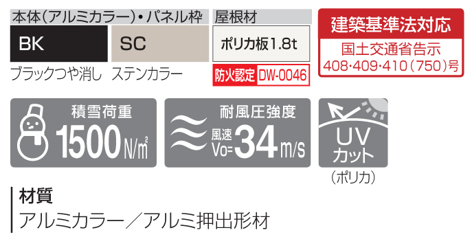 四国化成建材 CACOI（カコイ）ルーフタイプ 本体（ポリカ屋根）アルミカラー 基本セット ポリカタイプパネル仕様 スペック