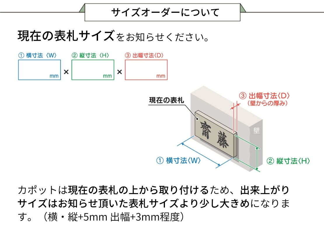 福彫 かぶせる表札 カポット 現在の表札サイズをお知らせください