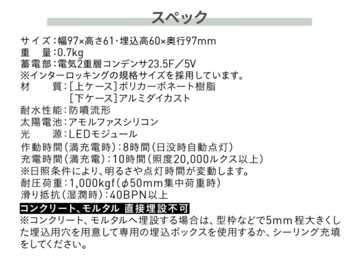 ヘリオスグランドライトLEDブロック100角 スペック