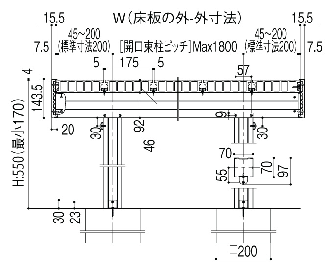 樹ら楽ステージ木彫 間口方向納まり図