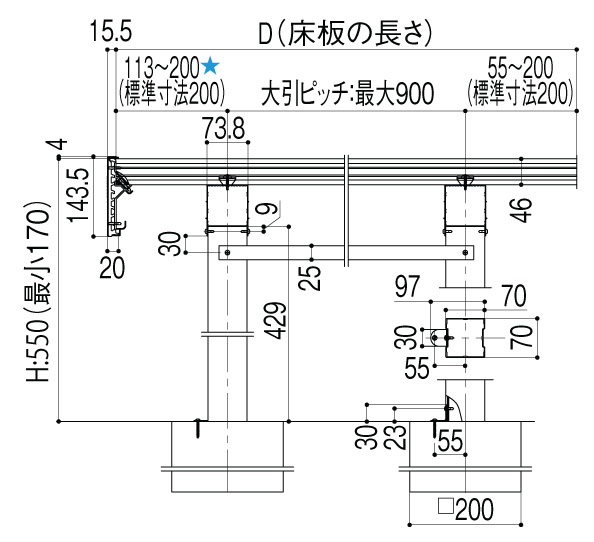 樹ら楽ステージ木彫 出幅方向納まり図