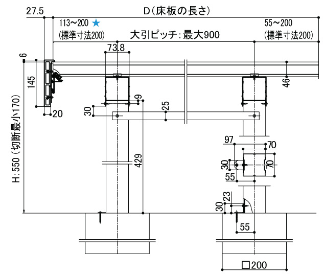 樹ら楽ステージ 出幅方向納まり図